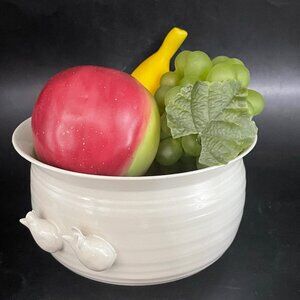 Studio Pottery Bowl White with Applied Flowers or Mice 6" Wide 3.5" Tall Signed